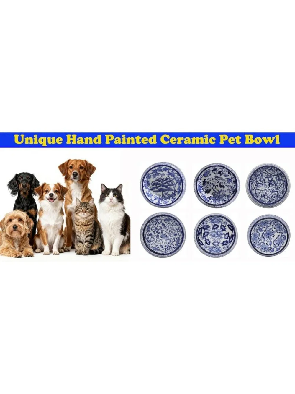 Hand-Painted Ceramic Dog Bowl - Blue & White Chinoiserie Pet Dish, 11oz Floral
